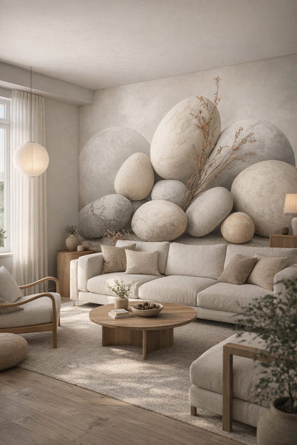 Sand-toned Japandi stacked stones featuring dried branches - Wall Mural Peel and Stick Wallpaper for Japandi Living Room.