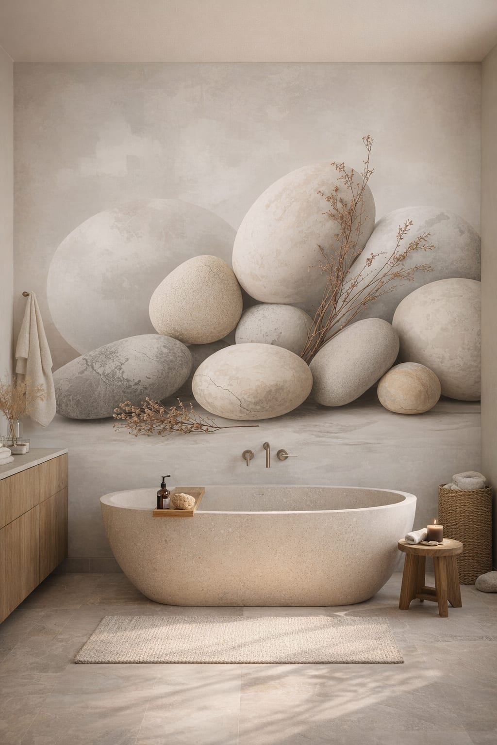 Zen neutral stacked stones featuring dried branches - Wall Mural Peel and Stick Wallpaper for Zen Luxury Bathroom.