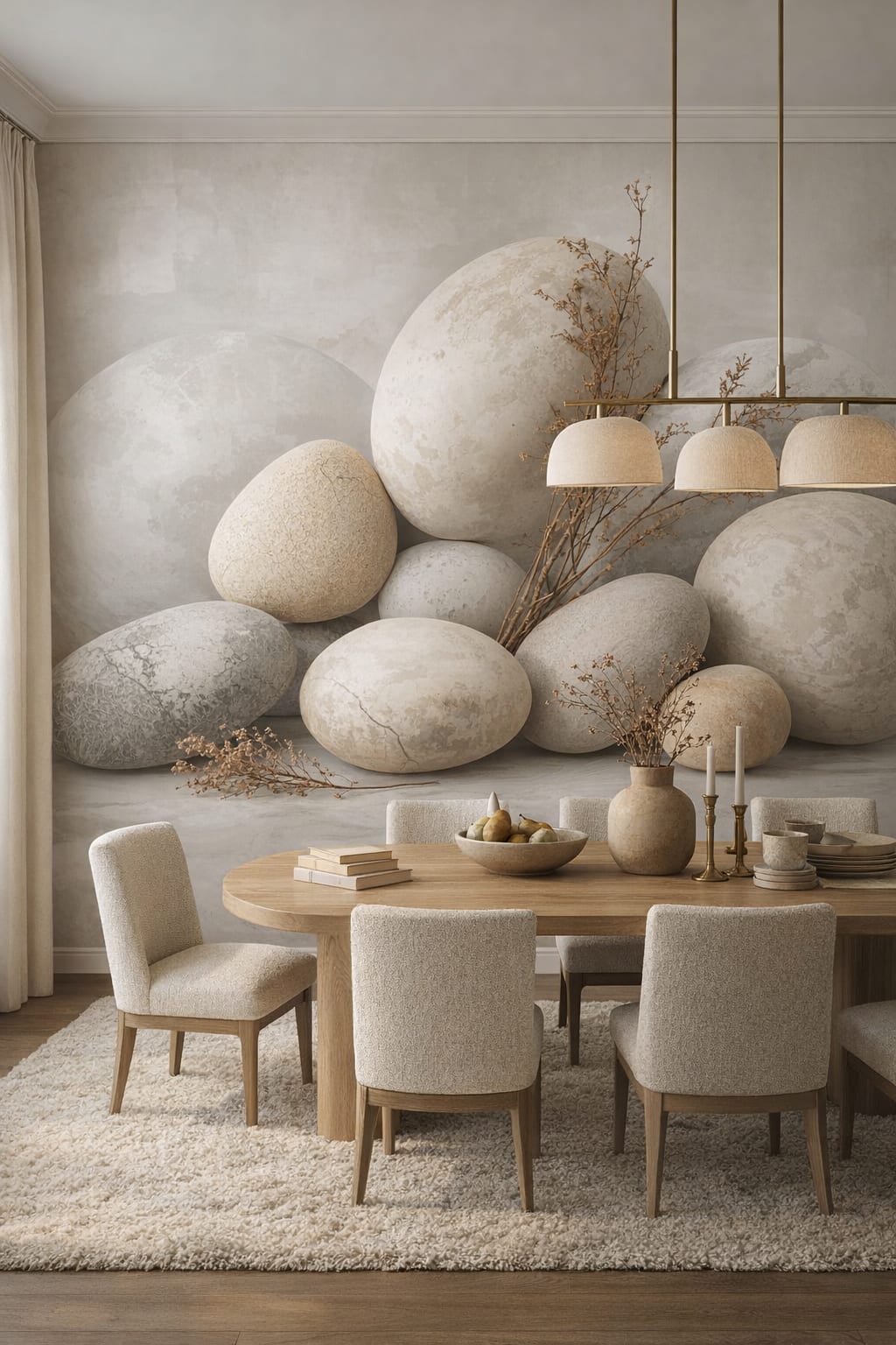 Organic Modern cream-sand stacked stones featuring dried branches - Wall Mural Peel and Stick Wallpaper for Organic Modern Formal Dining Room.