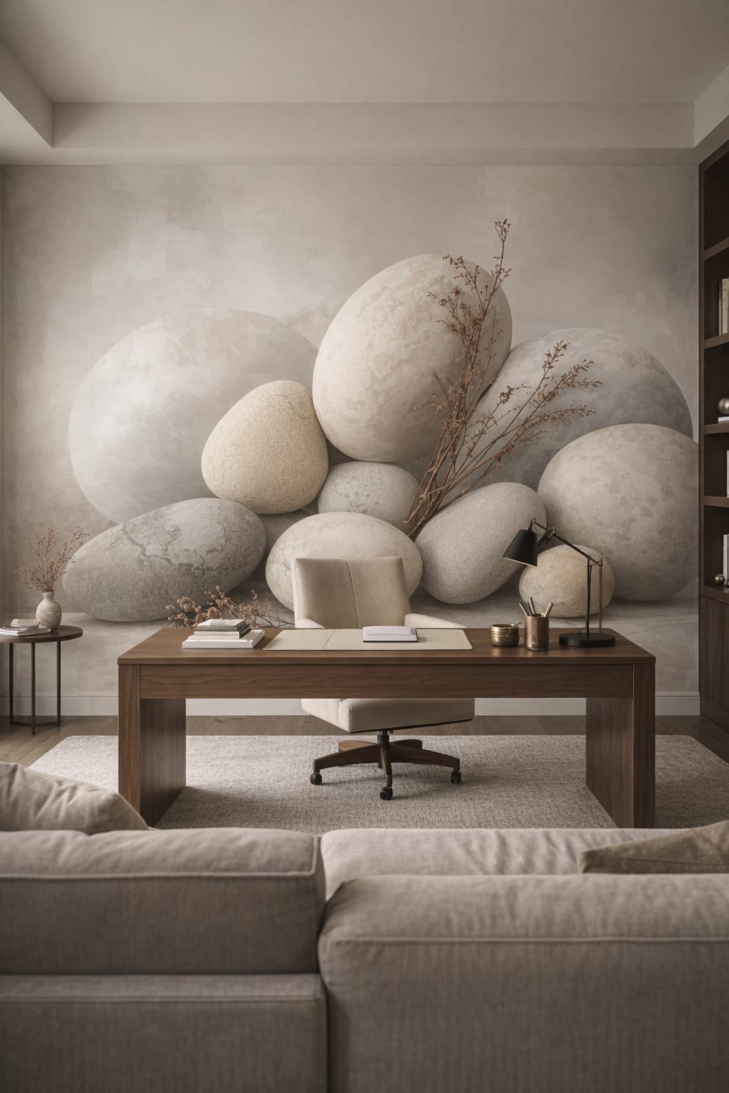 Quiet Luxury greige stacked stones featuring dried branches - Wall Mural Peel and Stick Wallpaper for Quiet Luxury Executive Home Office.