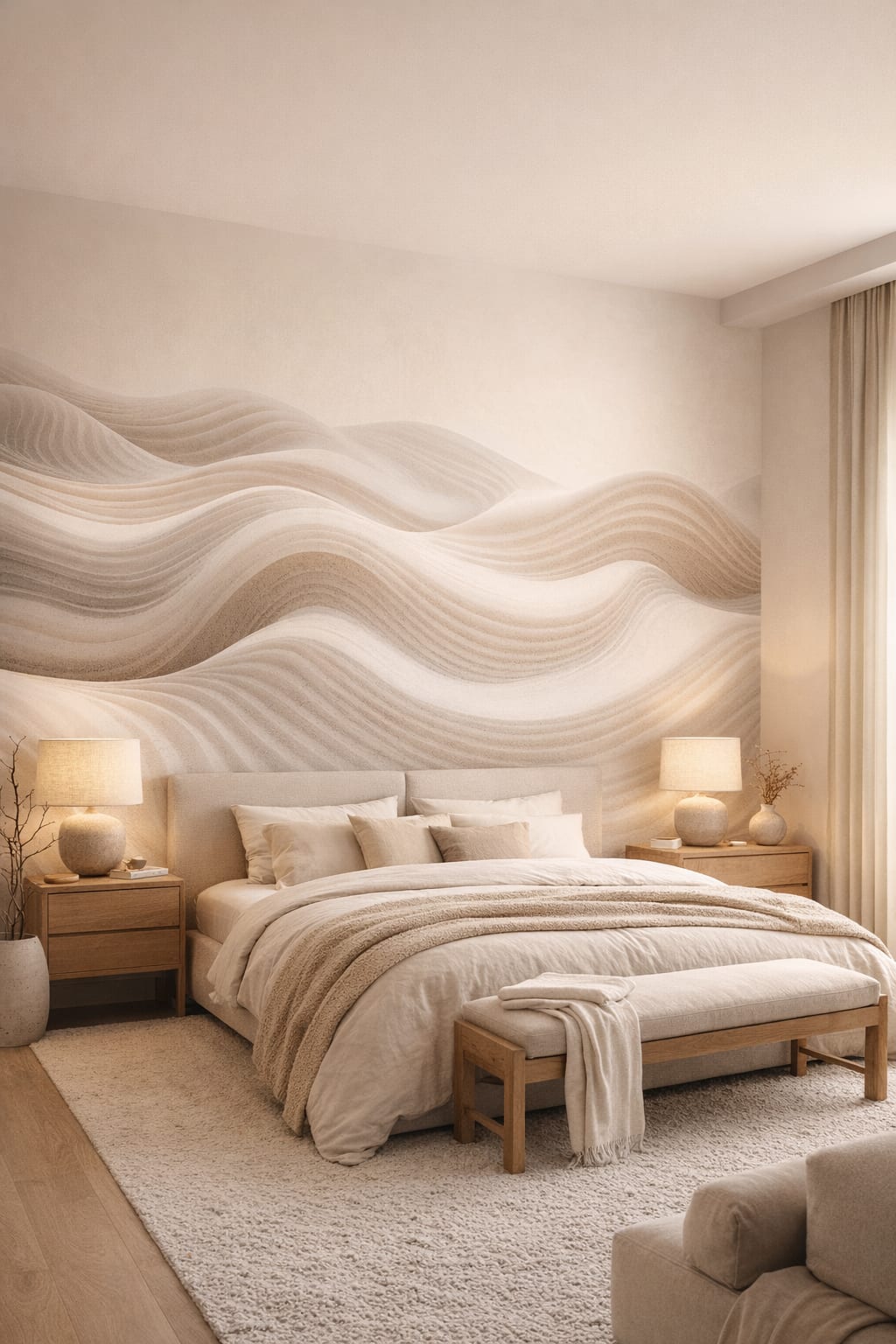Japandi sand-toned abstract sand dunes - Wall Mural Peel and Stick Wallpaper for Japandi Master Bedroom.
