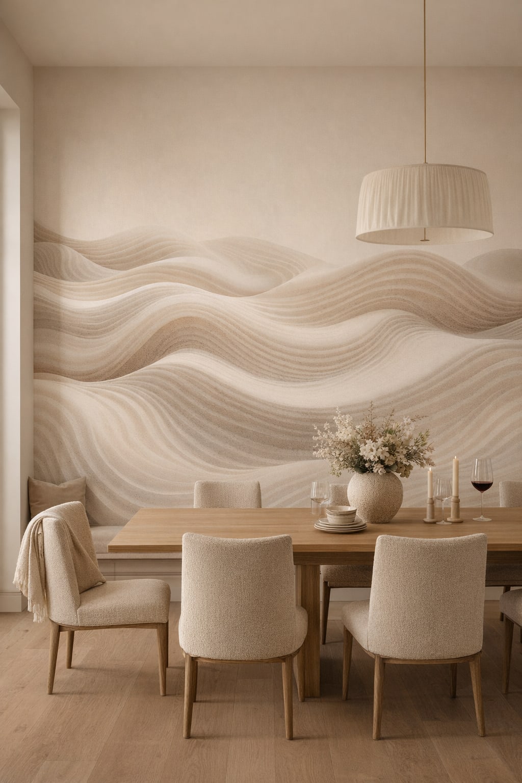 Quiet Luxury greige abstract sand dunes - Wall Mural Peel and Stick Wallpaper for Quiet Luxury Formal Dining Room.