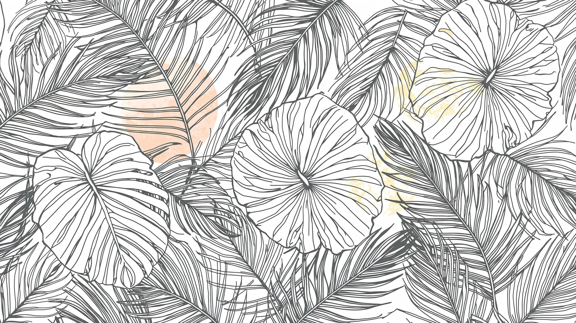 Refined Airy White tropical leaves featuring black linework and soft peach washes - Wall Mural & Peel and Stick Wallpaper for Line Art Interiors and Premium Home Styling