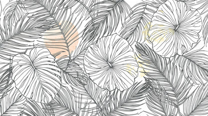 Refined Airy White tropical leaves featuring black linework and soft peach washes - Wall Mural & Peel and Stick Wallpaper for Line Art Interiors and Premium Home Styling