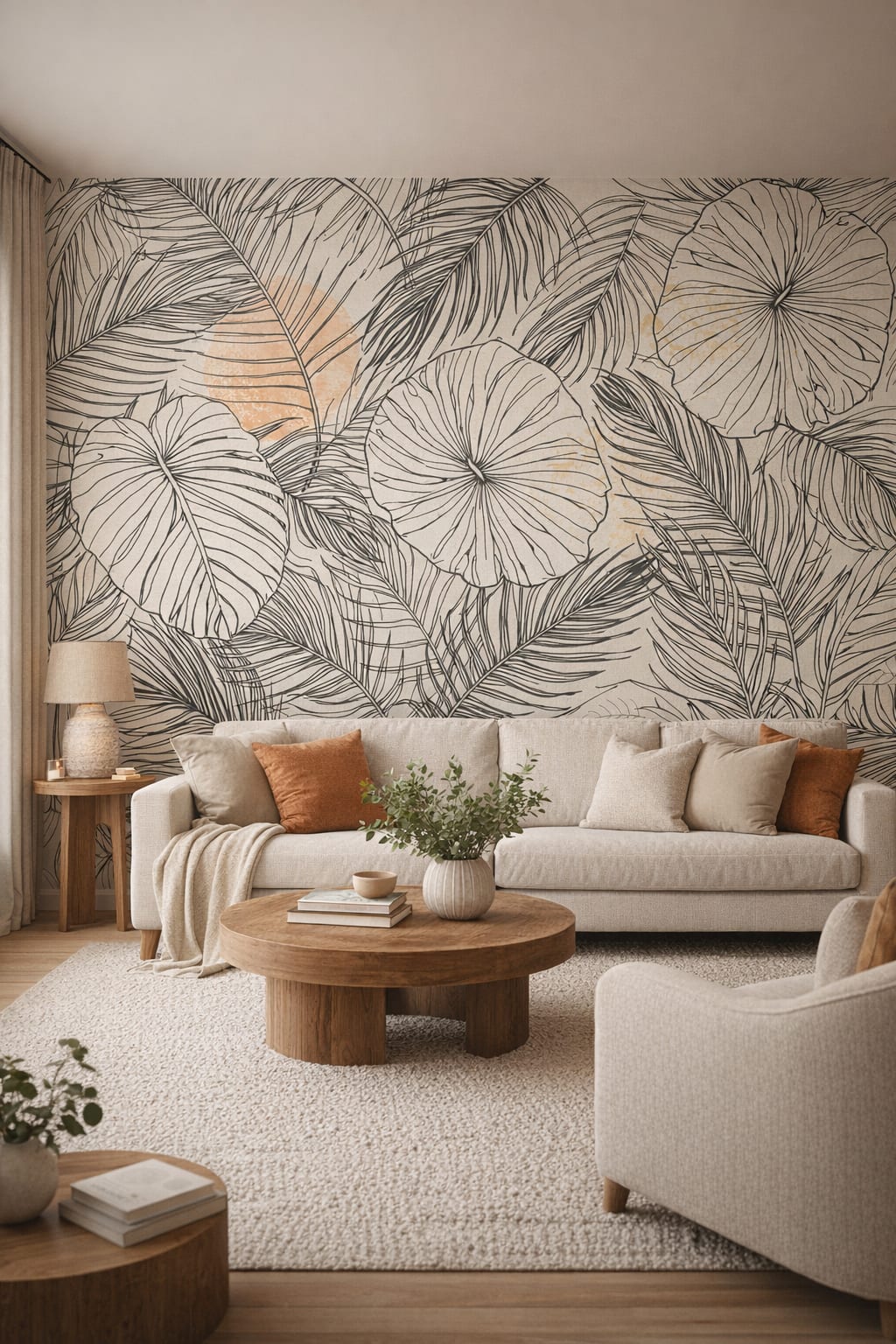 Cream-toned organic tropical leaves - Wall Mural Peel and Stick Wallpaper for Organic Modern Living Room.