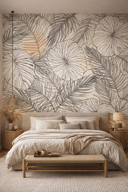 Japandi sand-toned tropical leaves - Wall Mural Peel and Stick Wallpaper for Japandi Master Bedroom.