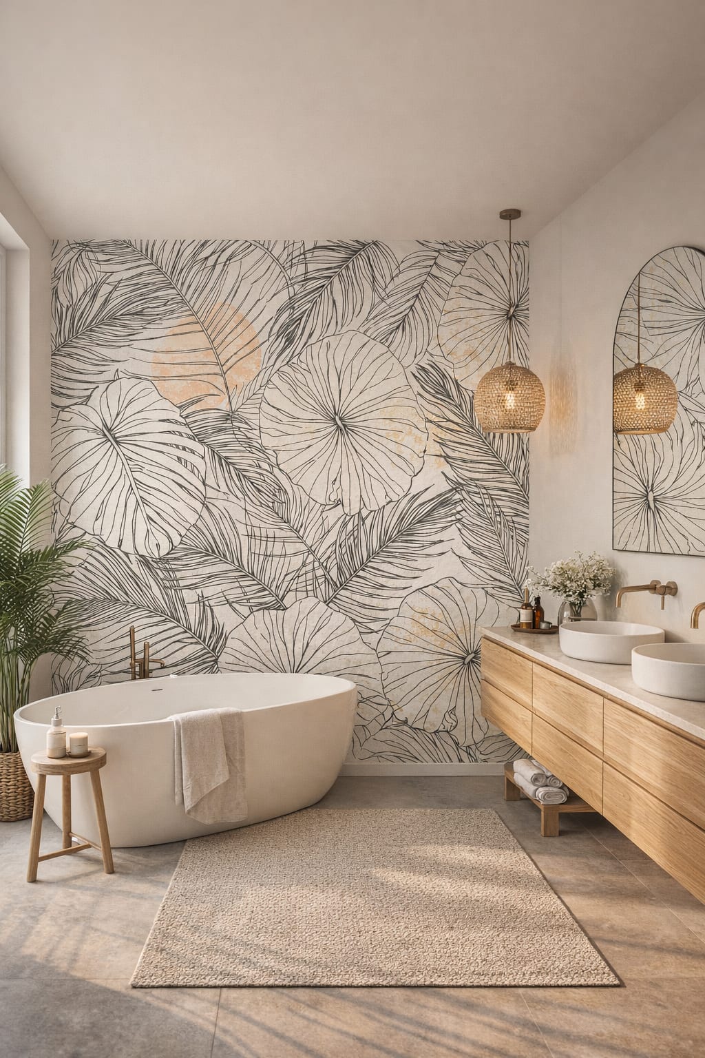 Modern white tropical leaves - Wall Mural Peel and Stick Wallpaper for Tropical Modern Luxury Bathroom.