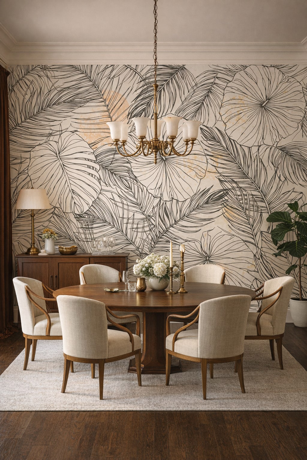 Cream Art Nouveau tropical leaves - Wall Mural Peel and Stick Wallpaper for Art Nouveau Formal Dining Room.