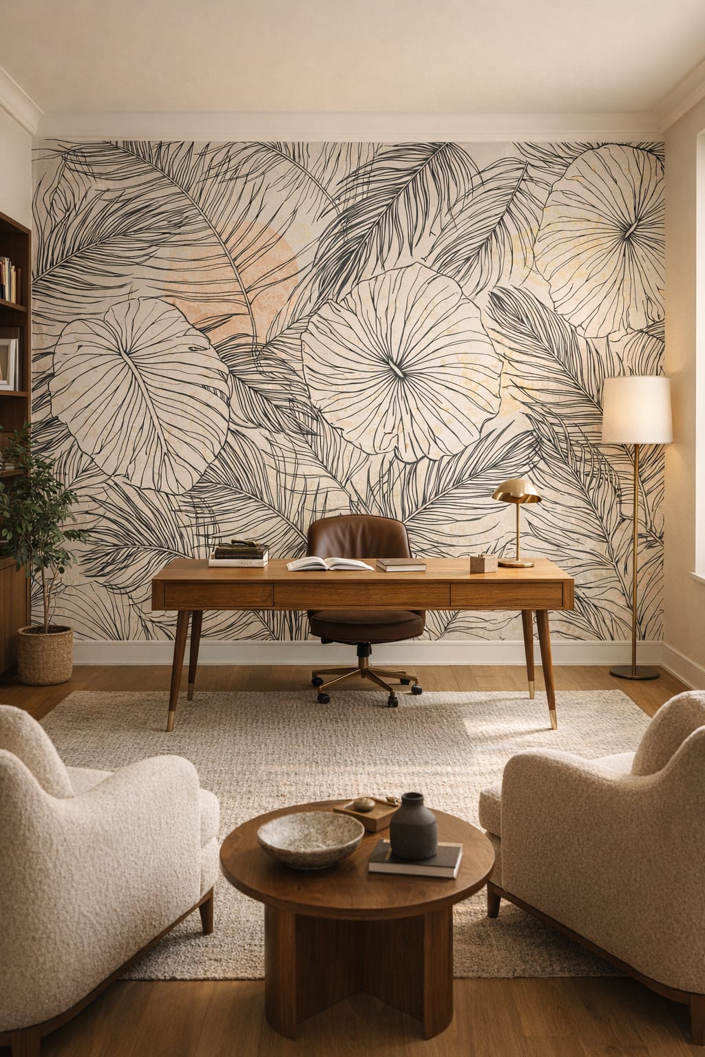 Modern white tropical leaves - Wall Mural Peel and Stick Wallpaper for Brazilian Modernism Executive Home Office.