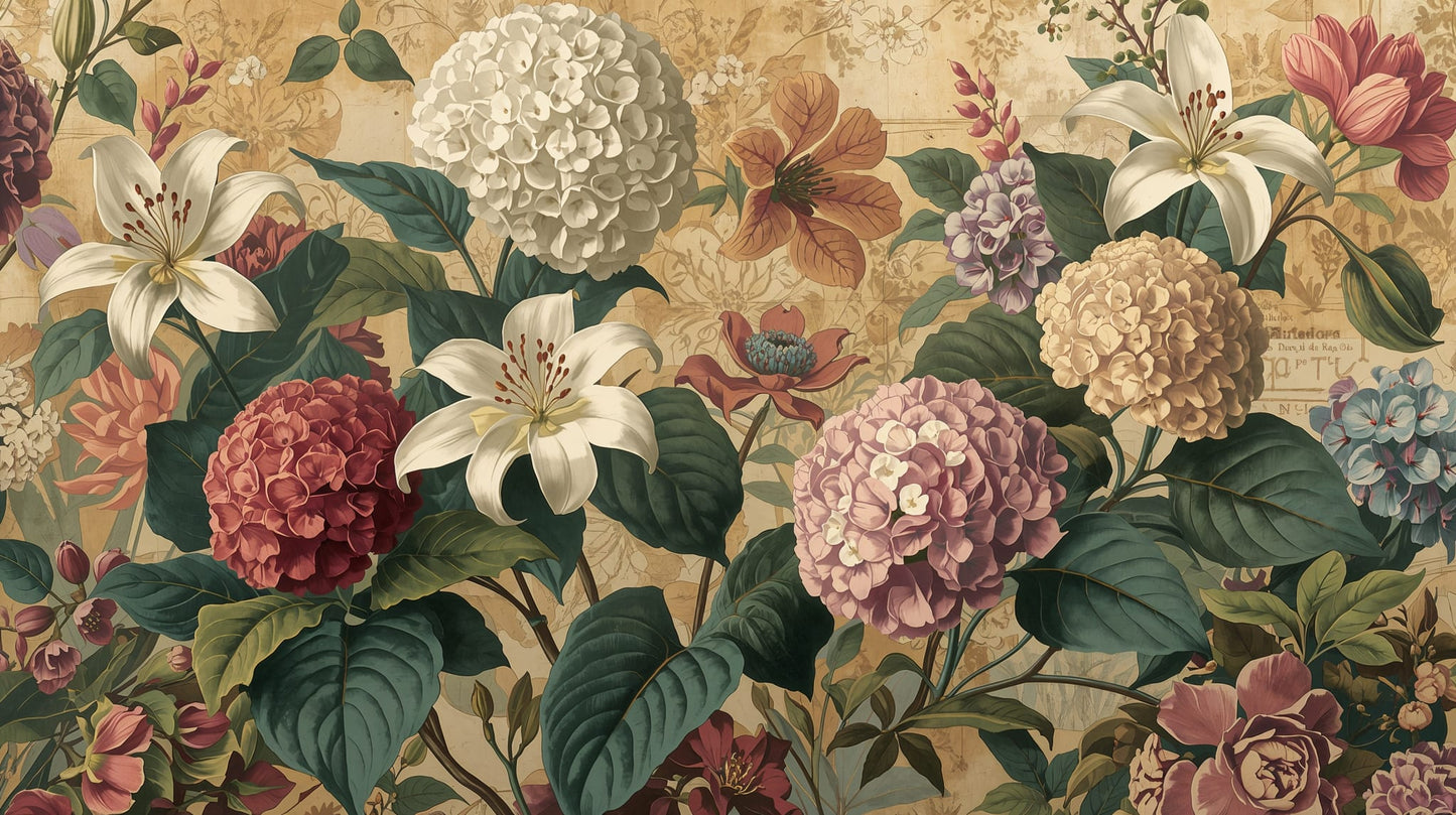 Painterly vintage Deep Green floral blossoms featuring botanical leaves and antique script - Wall Mural & Peel and Stick Wallpaper for Painterly Interiors and Premium Home Styling