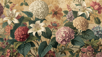 Painterly vintage Deep Green floral blossoms featuring botanical leaves and antique script - Wall Mural & Peel and Stick Wallpaper for Painterly Interiors and Premium Home Styling