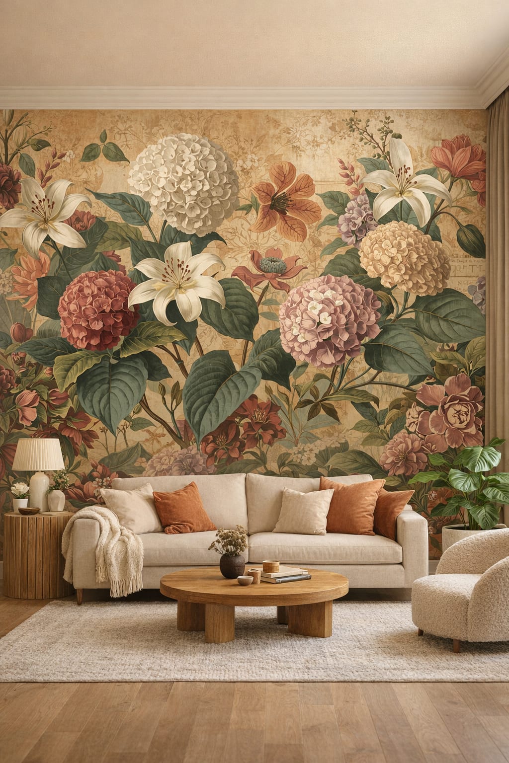 Organic Modern cream-toned floral blossoms featuring botanical leaves - Wall Mural Peel and Stick Wallpaper for Organic Modern Living Room.
