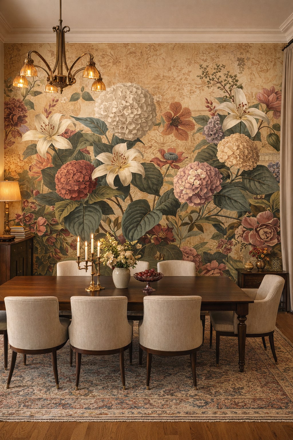 Cream Art Nouveau floral blossoms featuring botanical leaves - Wall Mural Peel and Stick Wallpaper for Art Nouveau Formal Dining Room.