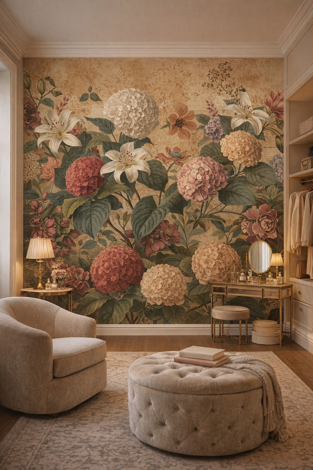 Parisian gold floral blossoms featuring botanical leaves - Wall Mural Peel and Stick Wallpaper for Parisian Dressing Room.