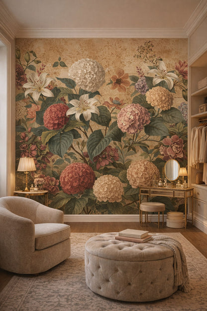 Parisian gold floral blossoms featuring botanical leaves - Wall Mural Peel and Stick Wallpaper for Parisian Dressing Room.