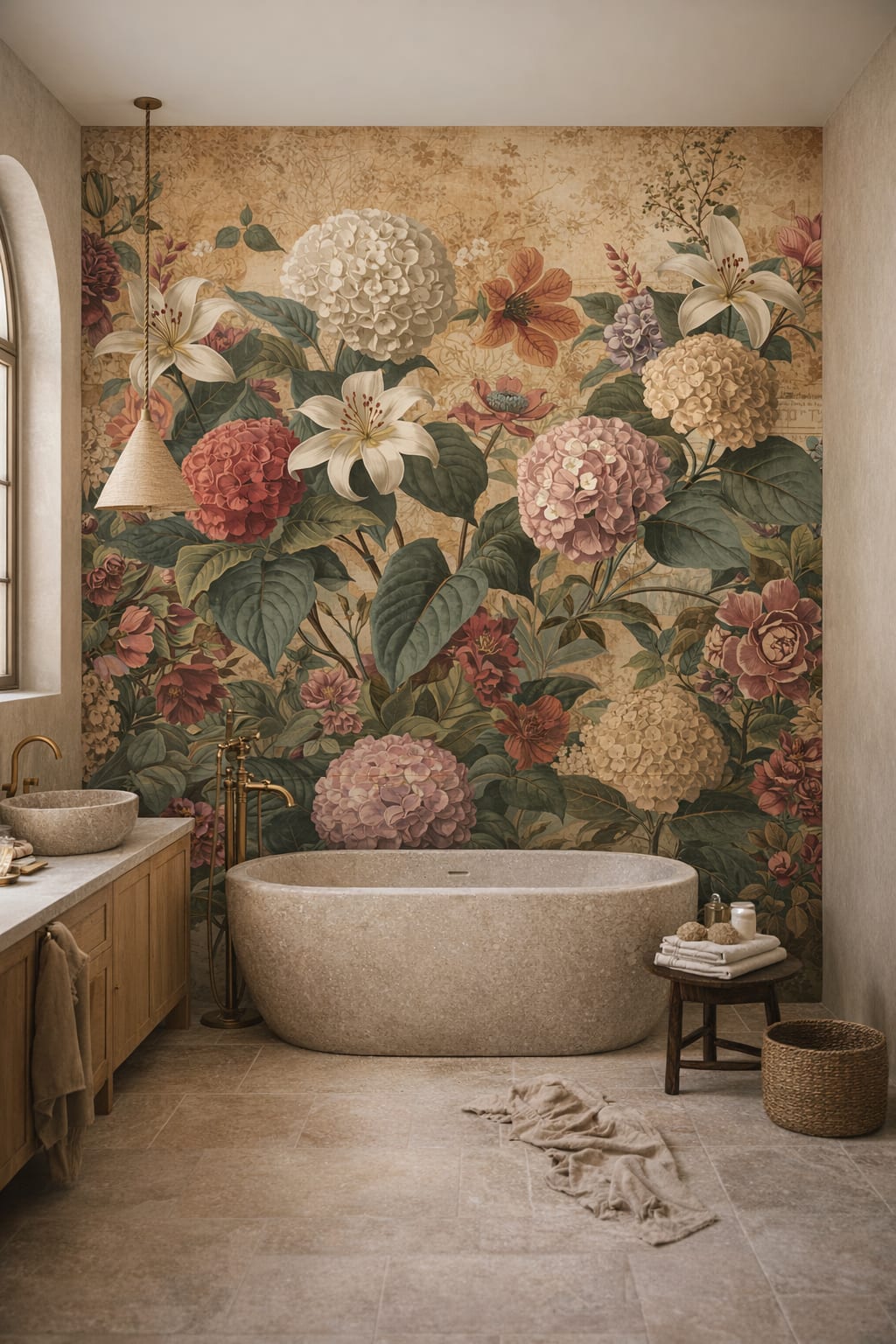 Muted-earth Wabi-sabi floral blossoms featuring botanical leaves - Wall Mural Peel and Stick Wallpaper for Wabi-sabi Luxury Bathroom.