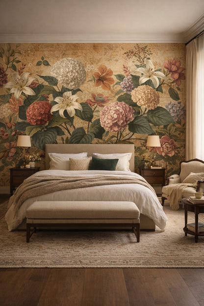 Cottage cream floral blossoms featuring botanical leaves - Wall Mural Peel and Stick Wallpaper for English Cottage Master Bedroom.