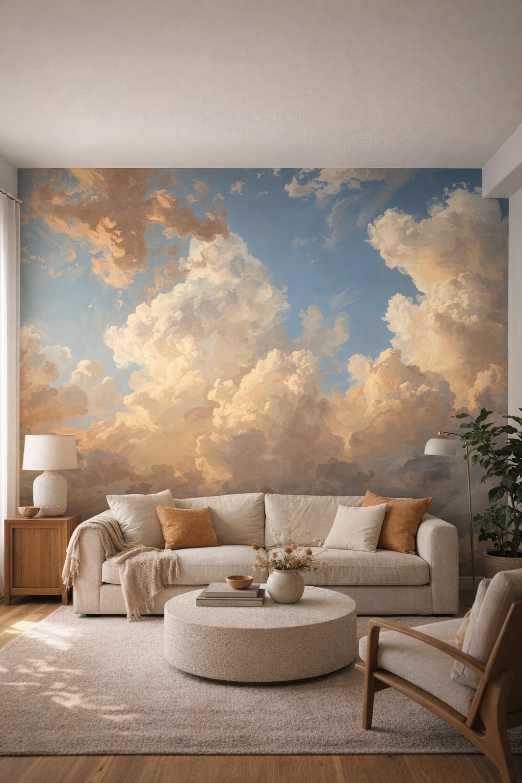 Cream sand Organic Modern cloudscape - Wall Mural Peel and Stick Wallpaper for Organic Modern Living Room.