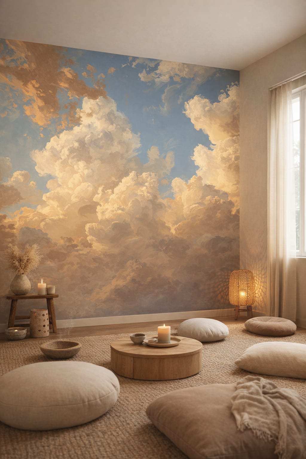Wabi-sabi muted earth-tone cloudscape - Wall Mural Peel and Stick Wallpaper for Wabi-sabi Meditation Room.