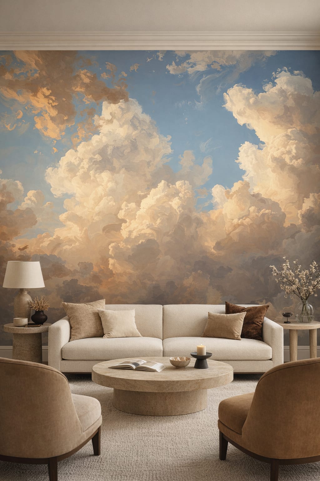 Quiet Luxury greige - cloudscape - Wall Mural Peel and Stick Wallpaper for Quiet Luxury Formal Living Room.