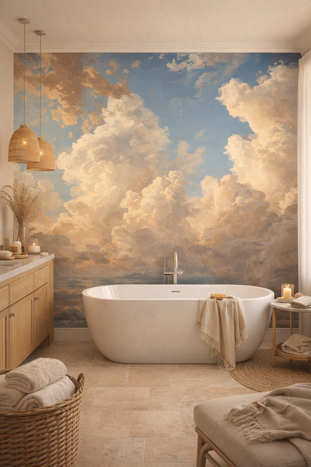 Coastal blue-sand cloudscape - Wall Mural Peel and Stick Wallpaper for Coastal Luxury Bathroom.