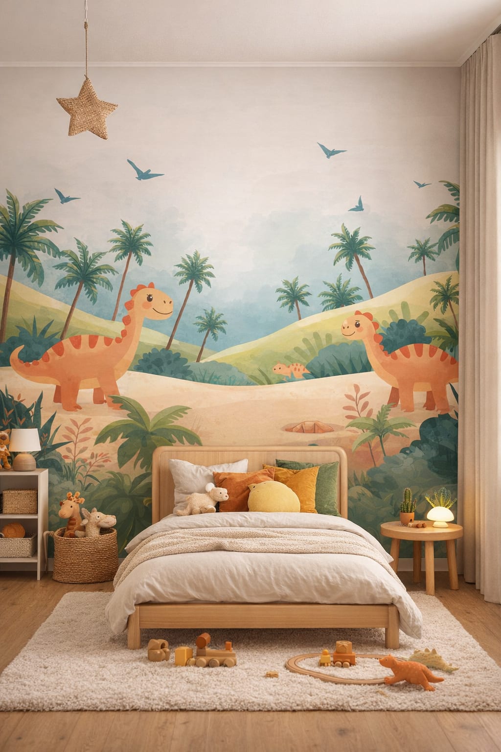 Modern Montessori neutral dinosaurs featuring palm trees - Wall Mural Peel and Stick Wallpaper for Modern Montessori Kids Bedroom.