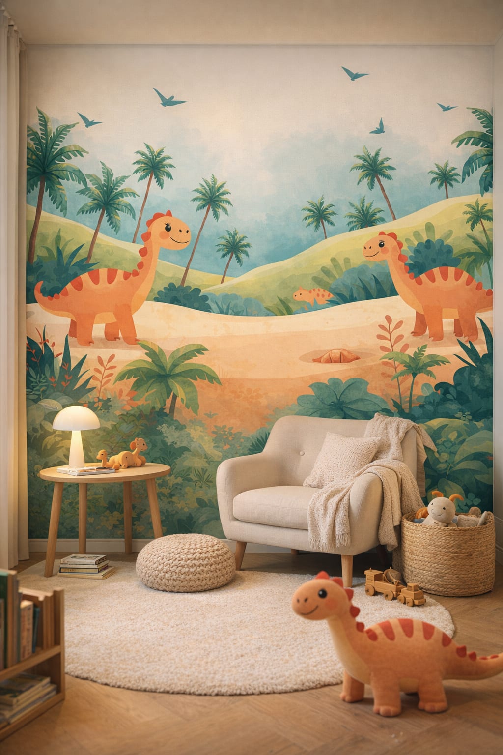 Scandi Kids minimalist, birch-toned dinosaurs featuring palm trees - Wall Mural Peel and Stick Wallpaper for Scandi Kids Reading Corner.