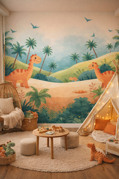 Whimsical Boho terracotta-sage dinosaurs featuring palm trees - Wall Mural Peel and Stick Wallpaper for Whimsical Boho Playroom.