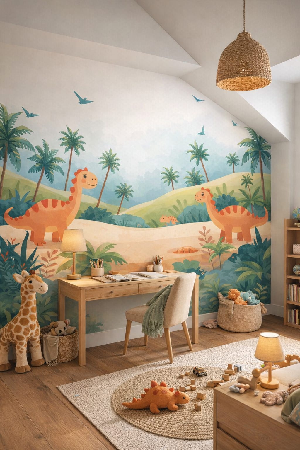 Modern Safari sand dinosaurs featuring palm trees - Wall Mural Peel and Stick Wallpaper for Modern Safari Homework / Study Corner.