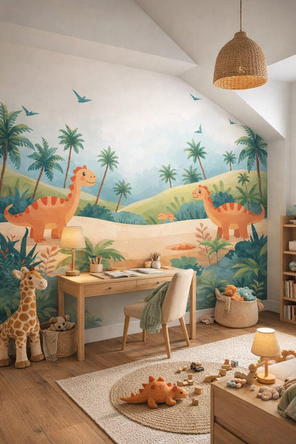 Modern Safari sand dinosaurs featuring palm trees - Wall Mural Peel and Stick Wallpaper for Modern Safari Homework / Study Corner.