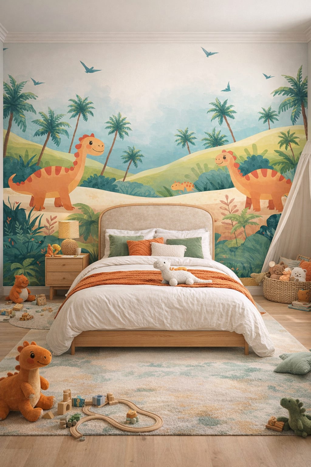 Tropical green-coral dinosaurs featuring palm trees - Wall Mural Peel and Stick Wallpaper for Tropical Kids Bedroom.