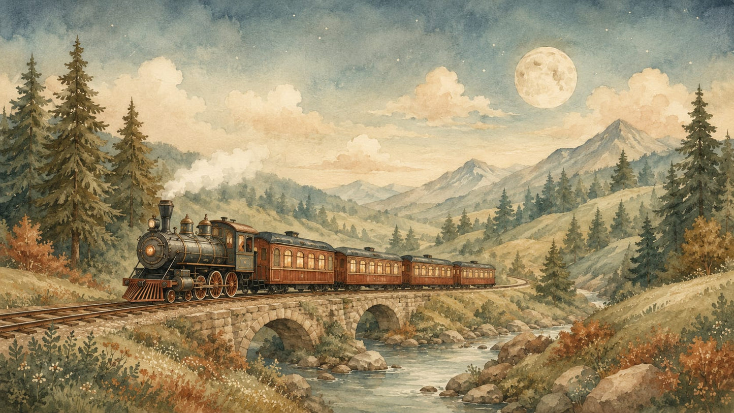 Painterly vintage Sage Green steam train featuring mountain landscape and stone bridge - Wall Mural & Peel and Stick Wallpaper for Painterly Interiors and Premium Home Styling