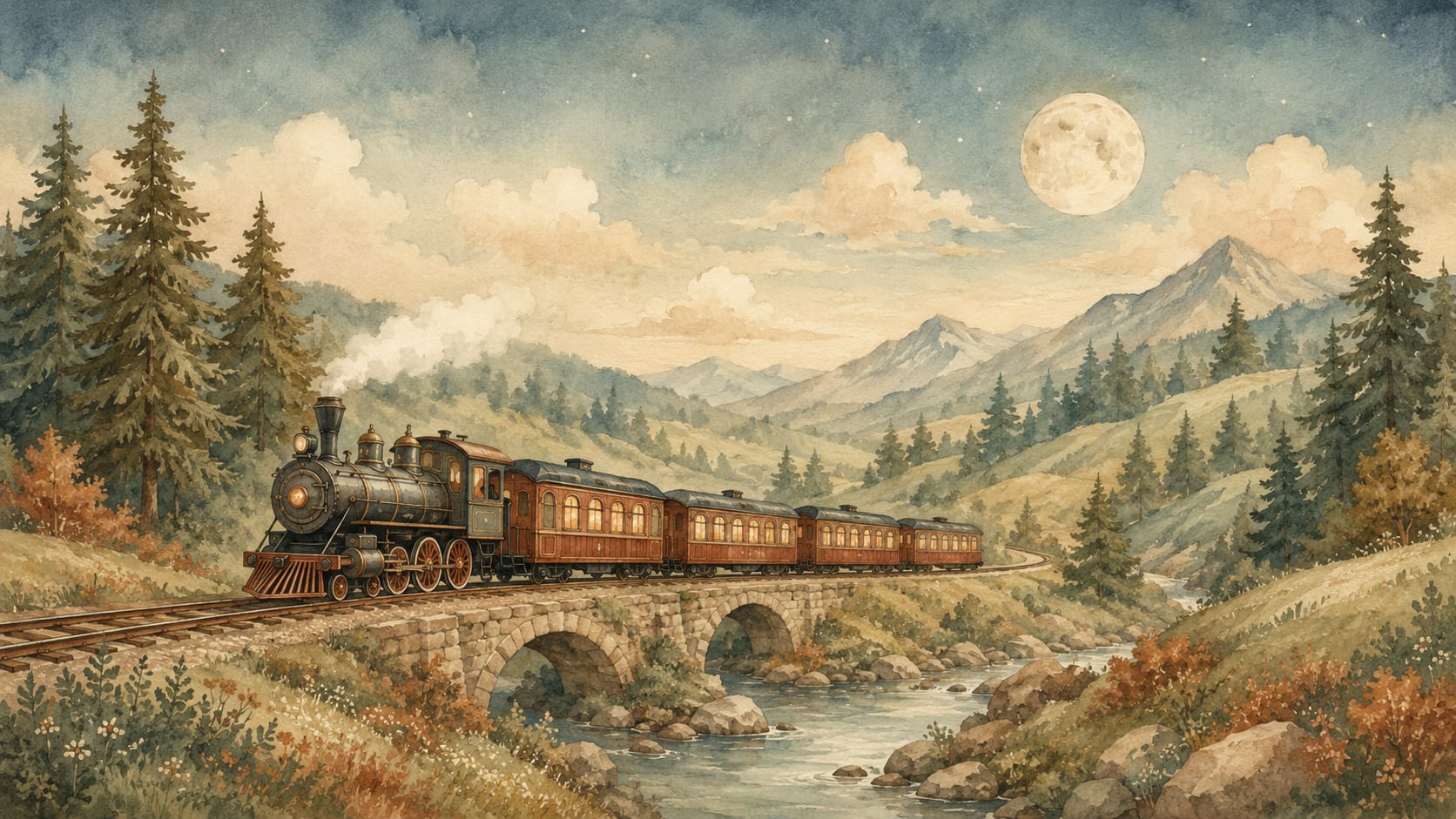 Painterly vintage Sage Green steam train featuring mountain landscape and stone bridge - Wall Mural & Peel and Stick Wallpaper for Painterly Interiors and Premium Home Styling