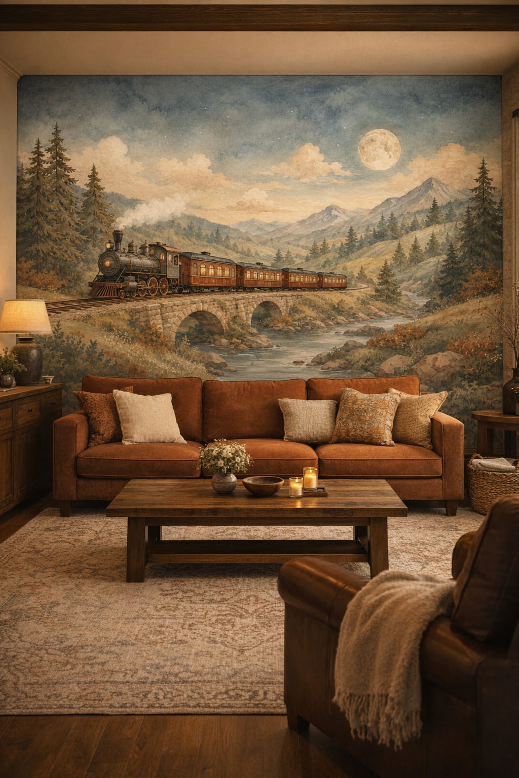 Rustic Modern sand-toned steam train featuring stone bridge - Wall Mural Peel and Stick Wallpaper for Rustic Modern Living Room.