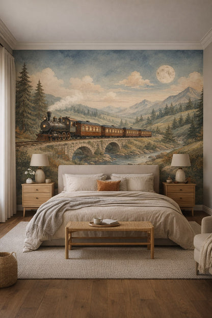 Scandinavian white-gray steam train featuring mountain landscape - Wall Mural Peel and Stick Wallpaper for Scandinavian Master Bedroom.