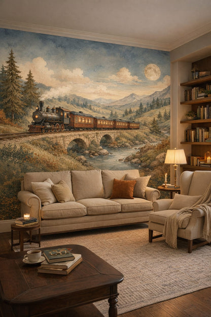 Cream literary steam train featuring stone bridge - Wall Mural Peel and Stick Wallpaper for Light Academia Reading Corner.