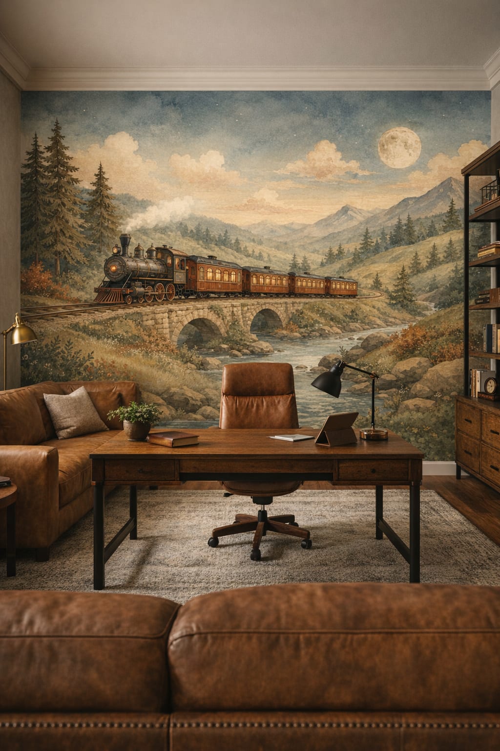 Greige Soft-Industrial steam train featuring pine forest - Wall Mural Peel and Stick Wallpaper for Soft Industrial Executive Home Office.