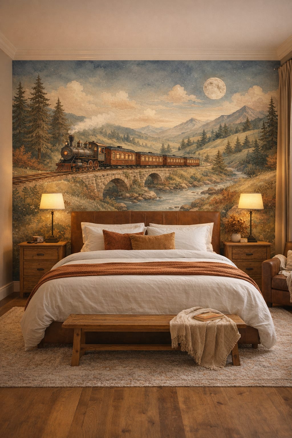 Rustic brown-toned steam train featuring stone bridge - Wall Mural Peel and Stick Wallpaper for Cabin / Lodge Guest Bedroom.