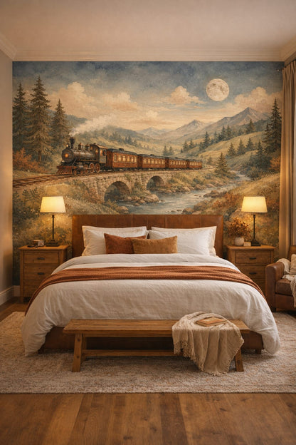 Rustic brown-toned steam train featuring stone bridge - Wall Mural Peel and Stick Wallpaper for Cabin / Lodge Guest Bedroom.