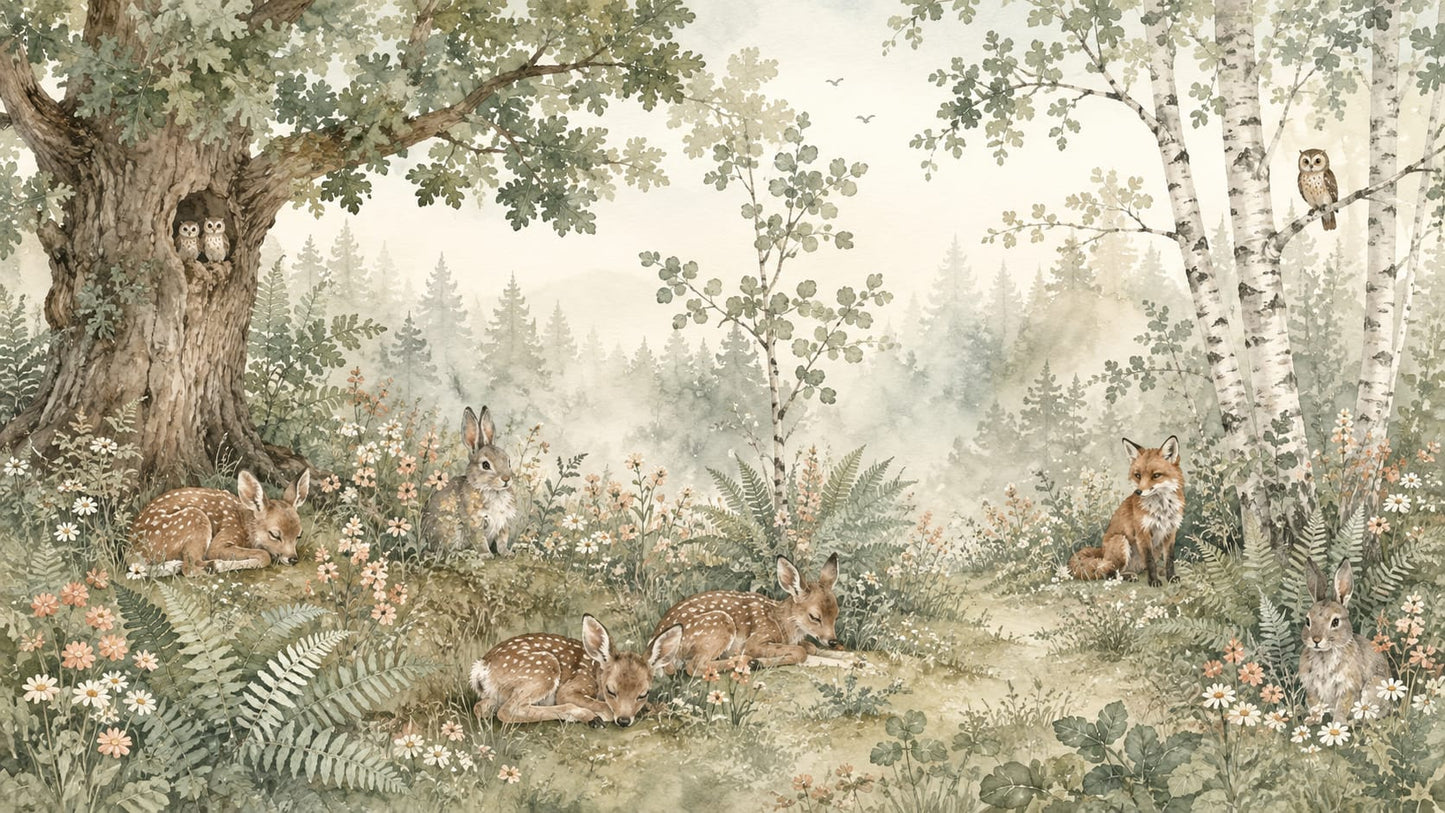 Gentle Whimsical Sage Green fawn featuring woodland animals and wildflowers - Wall Mural & Peel and Stick Wallpaper for Watercolor Nursery or Kids Room.