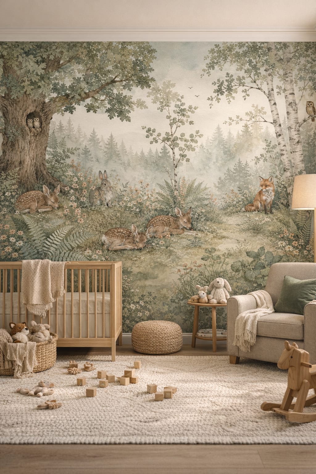 Moss-green, raw-wood fawn featuring woodland animals - Wall Mural Peel and Stick Wallpaper for Woodland / Forest Nursery.