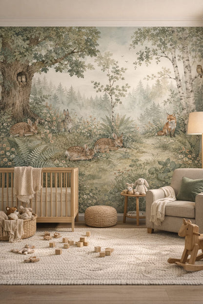 Moss-green, raw-wood fawn featuring woodland animals - Wall Mural Peel and Stick Wallpaper for Woodland / Forest Nursery.