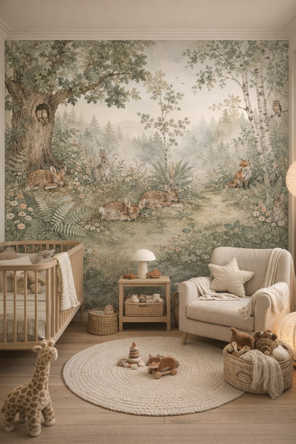 Scandi white fawn featuring wildflowers - Wall Mural Peel and Stick Wallpaper for Scandi Kids Nursery.