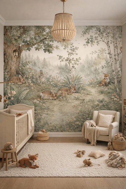 Classic Storybook sage fawn featuring wildflowers - Wall Mural Peel and Stick Wallpaper for Classic Storybook Nursery.