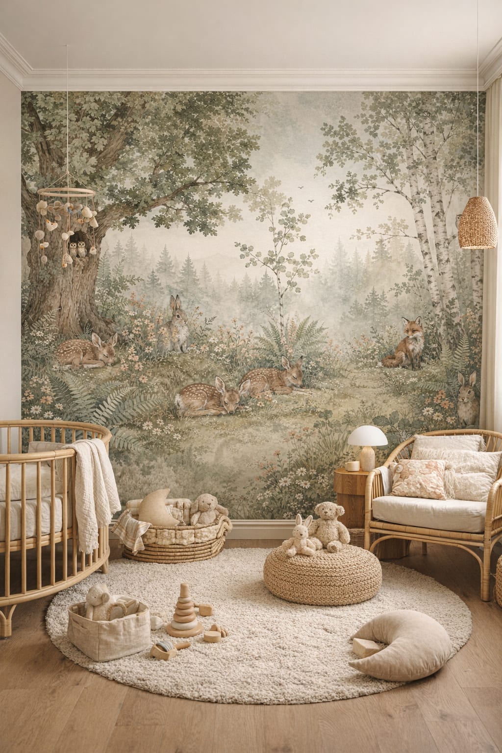 Whimsical sage fawn featuring woodland animals - Wall Mural Peel and Stick Wallpaper for Whimsical Boho Nursery.