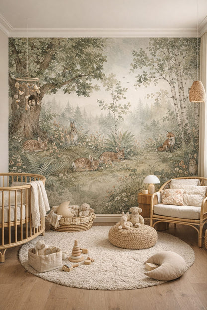 Whimsical sage fawn featuring woodland animals - Wall Mural Peel and Stick Wallpaper for Whimsical Boho Nursery.