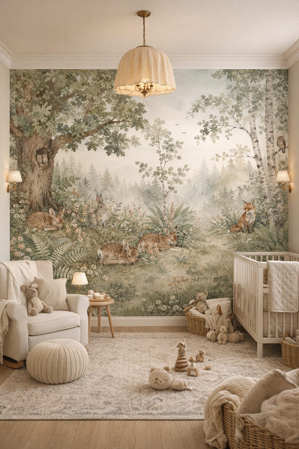 English Garden green fawn featuring woodland animals - Wall Mural Peel and Stick Wallpaper for English Garden Nursery Nursery.