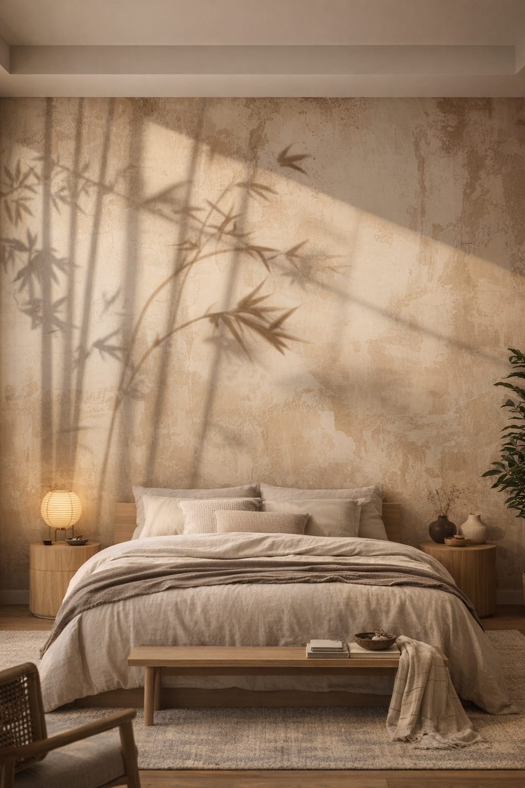 Japandi sand-toned bamboo shadows featuring plaster wall texture - Wall Mural Peel and Stick Wallpaper for Japandi Master Bedroom.