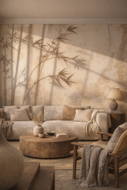 Wabi-sabi minimal, muted earth-tone bamboo shadows featuring plaster wall texture - Wall Mural Peel and Stick Wallpaper for Wabi-sabi Living Room.
