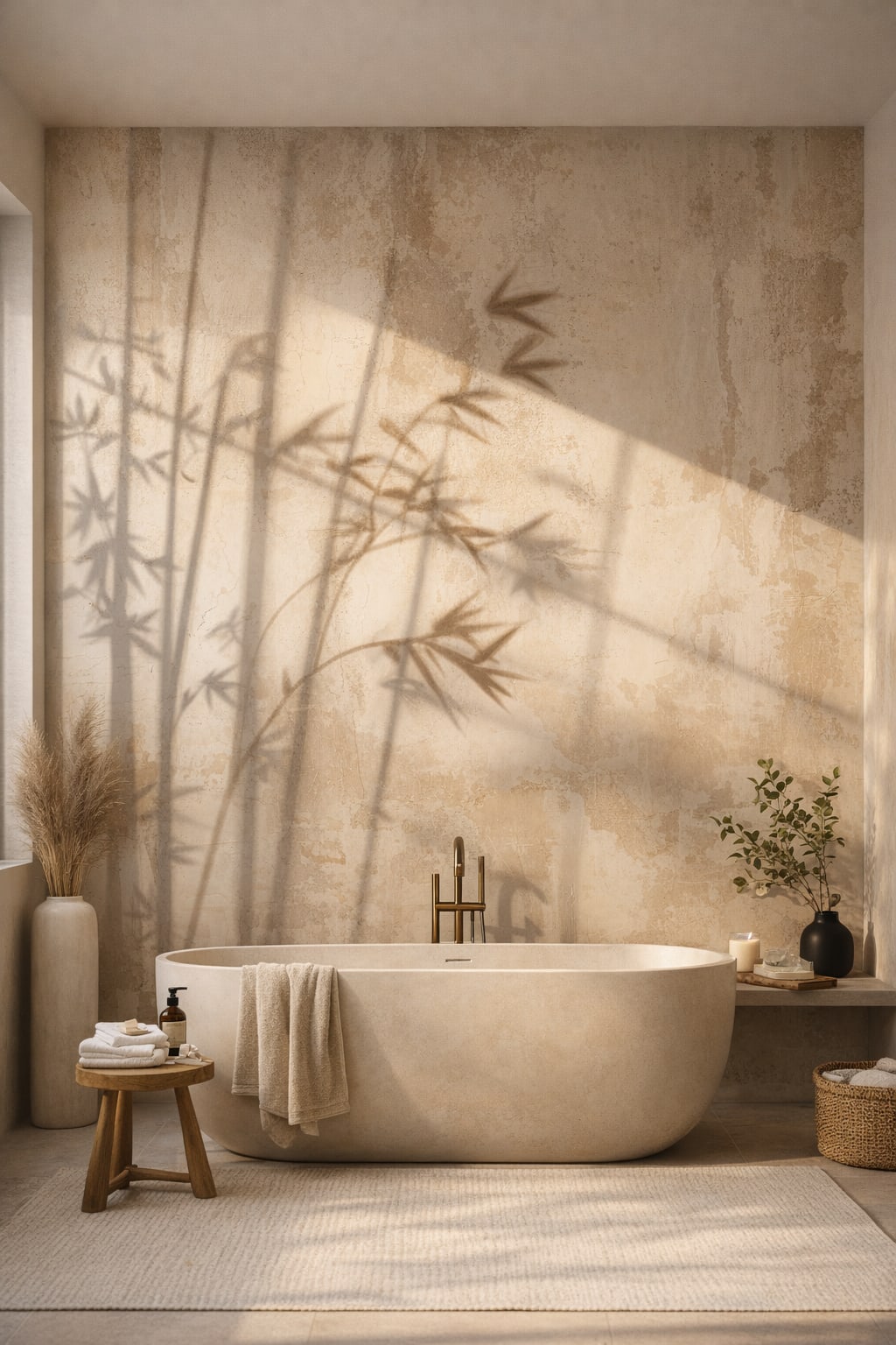 Zen neutral bamboo shadows featuring plaster wall texture - Wall Mural Peel and Stick Wallpaper for Zen Luxury Bathroom.